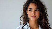 Young female medical professional with stethoscope smiling confidently against light background. Natural makeup, dark wavy hair, and white coat portray healthcare expertise.
