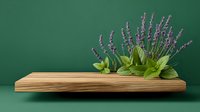 Fresh lavender and mint herbs arranged on wooden cutting board against green background for culinary cooking and natural aromatherapy applications.