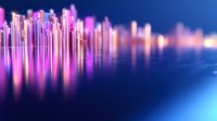 Glowing vertical light bars reflected on water surface create futuristic cityscape silhouette in vibrant pink and blue neon colors against dark background.