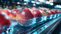 Fresh red apples on automated sorting conveyor belt with digital scanning technology overlay showing quality control process in modern fruit processing facility.