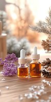 Essential oil dropper bottles with purple flowers and pine cones on wooden surface. Natural aromatherapy and spa wellness concept in warm lighting.