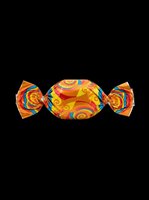 Colorful wrapped candy with vibrant orange, yellow, and blue swirl patterns isolated on transparent background, ready for clipart, stickers, print-on-demand, and sublimation designs.
