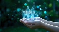 Glowing holographic family figures floating above open palm with sparkling light effects on dark green bokeh background for insurance and protection concepts.