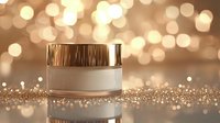 Luxury cosmetic cream jar on golden glitter surface with bokeh lights background, elegant skincare product photography for beauty and wellness advertising.