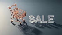 Rose gold shopping cart beside bold SALE letters casting dramatic shadows on a gray surface, evoking retail discount and seasonal promotion concepts.
