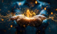 Cupped hands holding glowing golden light with magical sparkles and particles floating in cosmic blue space creating mystical energy concept.
