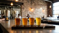 Craft beer flight tasting sampler with four different ales on wooden paddle in modern industrial brewery taproom with exposed brick walls and pendant lighting.