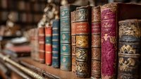Row of antique leather-bound books with ornate gold embossing on wooden shelf in vintage library or bookstore setting for literary and educational projects.