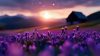 Dreamy sunset landscape with blooming lavender field in foreground and silhouette of mountain cabin, purple flowers against dramatic evening sky.