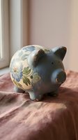 Decorative ceramic piggy bank with floral pattern on pink fabric surface for savings and financial planning concepts.