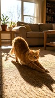 Ginger tabby cat stretching on beige carpet in sunlit living room with brown sofa, potted plant, bookshelf, and large windows for home decor and pet lifestyle content.