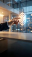 Businessman in formal attire touching glowing geometric holographic symbol in modern office with city skyline view, representing digital innovation and technology solutions.