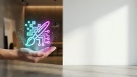 Hand holding glowing neon hashtag symbol with digital particles in modern office space representing social media marketing and digital communication strategy.
