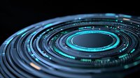 Futuristic circular technology interface with glowing blue elements and digital data visualization on dark background. Modern tech concept for business presentations.