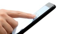 Person's hand with finger touching tablet screen, isolated on white background for app design, web interface, and technology marketing use.