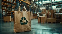Eco-friendly paper shopping bag with green recycling symbol standing in warehouse storage facility with cardboard boxes and industrial shelving in background.