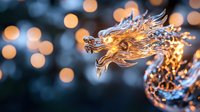 Glowing golden dragon sculpture with intricate details against blurred bokeh lights background creates magical oriental atmosphere. Suitable for Asian culture designs.