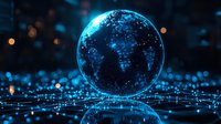 Digital world map sphere glowing with blue light effects and network connections on dark reflective surface with bokeh background. Global technology concept.