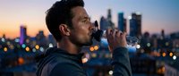 Thoughtful man in dark hoodie gazing at illuminated city skyline at dusk, contemplative mood, urban evening atmosphere, suitable for lifestyle and motivational content.