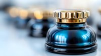Metallic blue glass inkwell with golden cap on blurred background, close-up view. Vintage writing accessories for calligraphy and fountain pens.