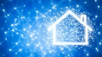 Glowing house silhouette in digital network on blue background representing smart home technology and connected living solutions.