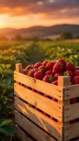 Fresh strawberries in wooden crate at sunset farm field with golden light and mountain landscape background for organic agriculture and harvest concepts.