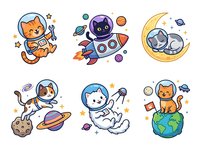Cartoon astronaut cats in space suits exploring cosmos with rockets, planets, and stars, isolated on white background ready for children's designs, educational materials, and merchandise applications.