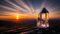 Large transparent crystal prism on rocky surface at golden hour sunset with dramatic sky and mountain landscape background for spiritual meditation concepts.