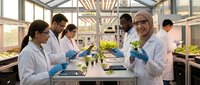 Diverse team of scientists in white lab coats conducting plant research in modern greenhouse laboratory with hydroponic systems and seedlings.