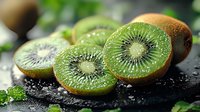 Fresh juicy kiwi fruit sliced on dark stone background with water drops. Bright green flesh with black seeds creates appetizing healthy food composition.