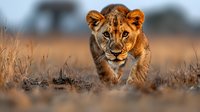 Young lioness stalking through dry savanna grass during golden hour, focused predator gaze and alert posture shows hunting behavior in natural African habitat.