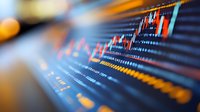 Financial market data visualization showing colorful stock charts and trading indicators on digital display screen for investment analysis.