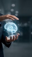 Businessman holding glowing digital brain hologram between hands, representing artificial intelligence, innovation, and technology solutions for business and corporate applications.