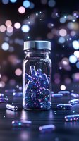 Glowing cosmic pills in glass bottle against dark background with bokeh lights, magical pharmaceutical concept with scattered capsules filled with stars.