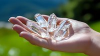 Clear quartz crystal points held in cupped hands outdoors with natural lighting for healing energy meditation and spiritual wellness practices.