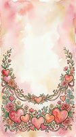 Watercolor floral frame with hearts and roses on soft pink and cream background, isolated on white space, ready for wedding invitations, greeting cards, and romantic design projects.