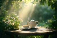 Serene morning tea setting with white porcelain teapot and cup on wooden table surrounded by wild daisies and sunbeams filtering through garden foliage.