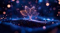 Glowing magical lotus flower tree silhouette on dark background with sparkles and bokeh lights creates mystical atmosphere for spiritual designs.