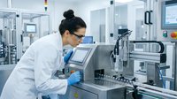Female scientist of mixed ethnicity operating automated laboratory analyzer equipment in sterile research facility for medical testing and diagnostics.