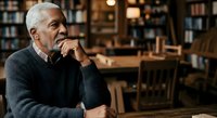 Senior man with gray hair and dark skin, wearing charcoal sweater, pensively resting chin on hand in home library with bookshelves and warm lighting, conveying contemplation and wisdom.