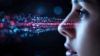 Young woman profile with glowing digital particles streaming across face in dark setting with bokeh lights creating futuristic cyberpunk atmosphere.