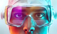 Close up view of protective goggles with intense eyes visible through clear lenses, illuminated by vibrant neon red and blue lighting creating dramatic contrast.