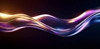 Luminous flowing waves with glowing particles create dynamic motion effect in purple, gold and blue colors against dark background. Abstract design element.