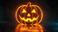 Glowing neon orange Halloween pumpkin jack o lantern with carved face reflecting on wet surface against dark background, spooky holiday decoration.