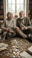 Happy senior Caucasian couple examining vintage coin collection together in cozy home library with books and warm natural light for retirement hobby concept.