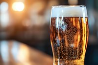 Cold glass of light beer with bubbles and foam on blurred warm background, close-up view showing condensation and amber color for restaurant menu.
