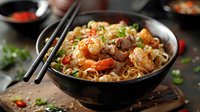 Spicy Asian noodles with shrimp and pork in black bowl, garnished with chili and green onions, served with chopsticks on rustic wooden background.