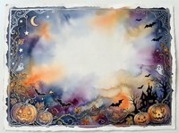 Watercolor Halloween frame with pumpkins, bats, moon and ornate borders on white background for seasonal greeting cards and party invitations.