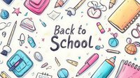 Colorful doodle style school supplies and stationery elements scattered on white background with back to school lettering, educational pattern for print design.