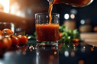 Fresh tomato juice being poured into glass with ripe tomatoes and herbs on kitchen counter. Healthy organic vegetable drink preparation for breakfast or diet.